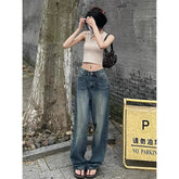 Female New Spring Cement Grey High Waist Thin Small Wide-Legged Trousers Jeans